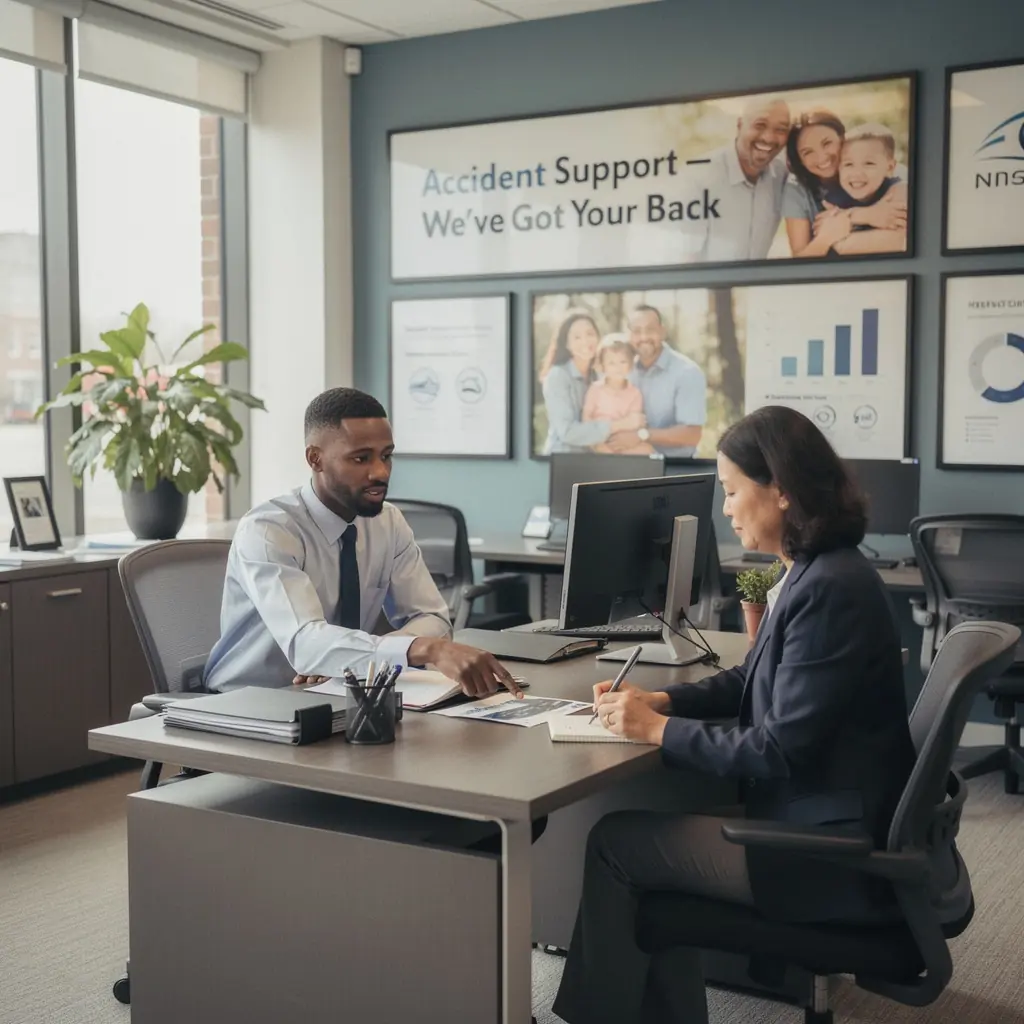 Сцена аварии с поддержкой страховой компании и помощью на дороге.