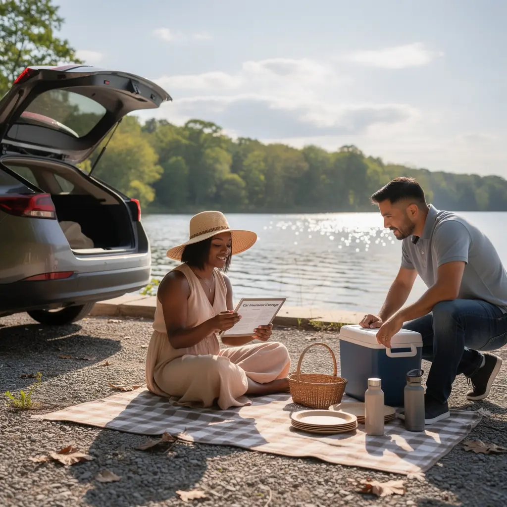 Изображение автомобиля, поврежденного в результате аварии, с представителем страховой компании, который объясняет детали полиса.